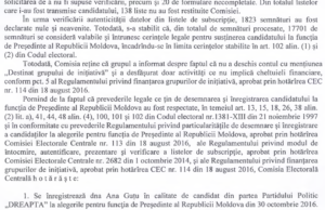 Fragment din Hotărîrea CEC de înregistrare a Anei Guțu
